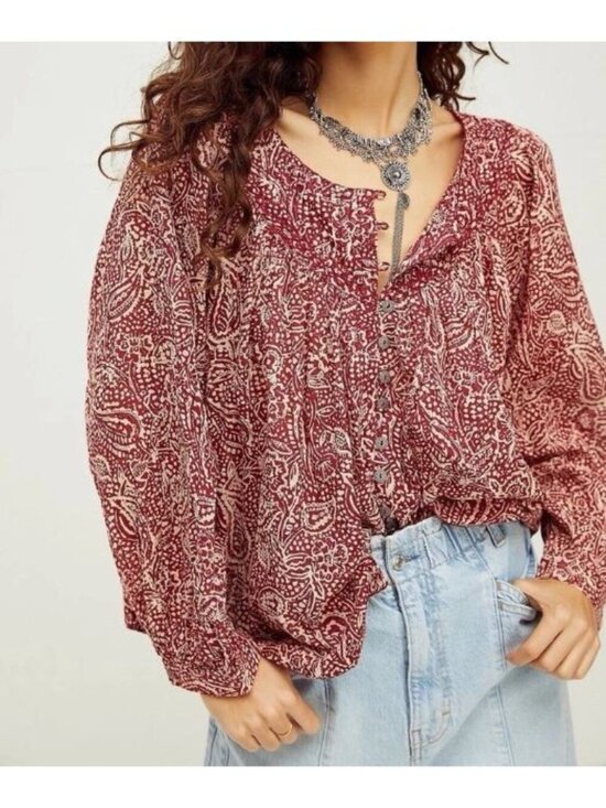 Free People Tops - Free People Women's Size Small Cool Meadow Top Peasant Floral Oversized Red